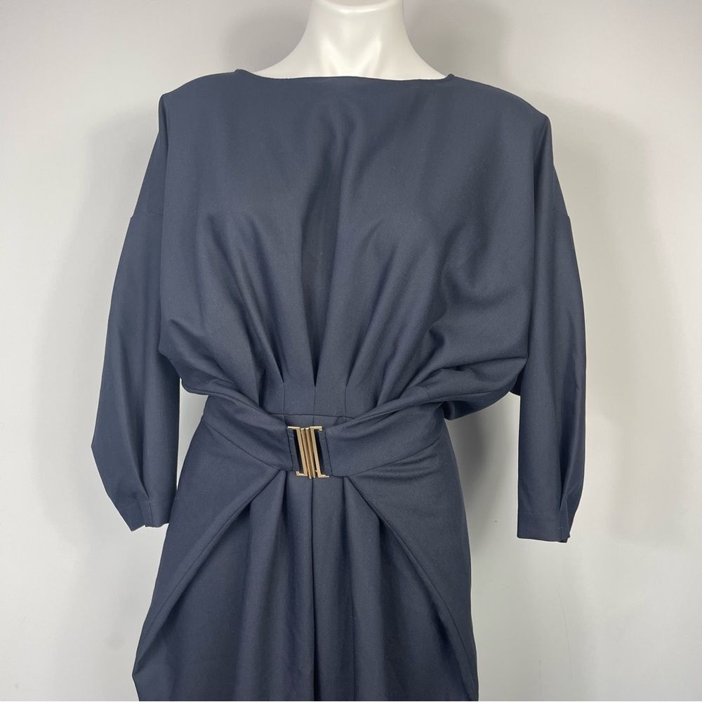 BGL Belong Genteel Navy Wrap Dress Boatneck Midi Knee Length Belted Work Dress S - Picture 8 of 16
